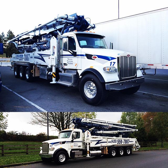 Two views of new concrete pumper truck